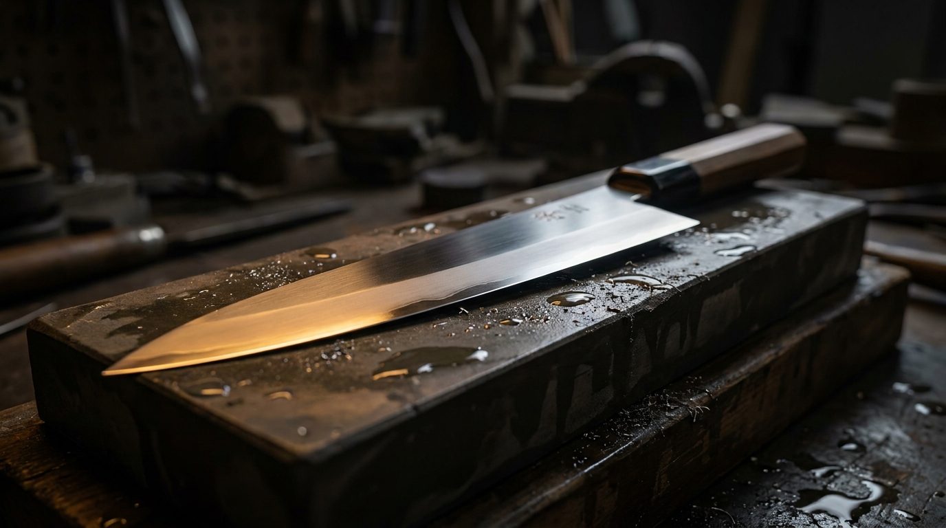 A freshly sharpened chef's knife resting on a wet whetstone